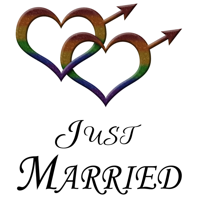 Two rainbow-colored, overlapping, heart-shaped, gay pride, male gender symbols. With Just Married Cursive text.