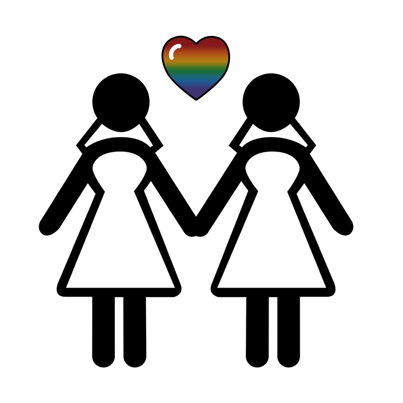 Silhouette of two, lesbian pride, brides standing hand in hand with rainbow heart.