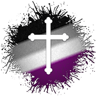Cross symbol silhouetted out of Asexual flag paint splatter.