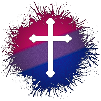 Cross symbol silhouetted out of Bisexual flag paint splatter.