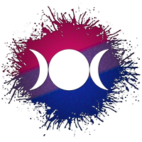 Triple Goddess Moon symbol silhouetted out of Bisexual flag paint splatter.