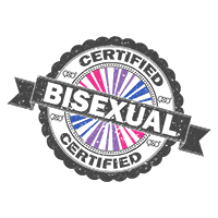 Certified stamp of approval with Bisexual flag colored starburst and Bisexual text.