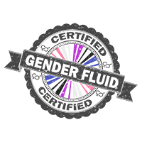 Certified stamp of approval with Gender Fluid flag colored starburst and Gender Fluid text.