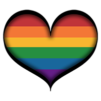 Large gay pride heart in LGBT rainbow colors with black frame.