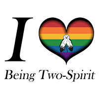 I Heart Being Two-Spirit text with Large heart in Two-Spirited pride flag colors.