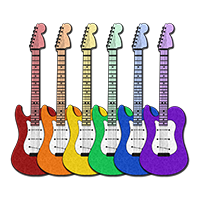 Six pixel guitars, one in each color of the LGBTQ pride rainbow, stacked side by side.