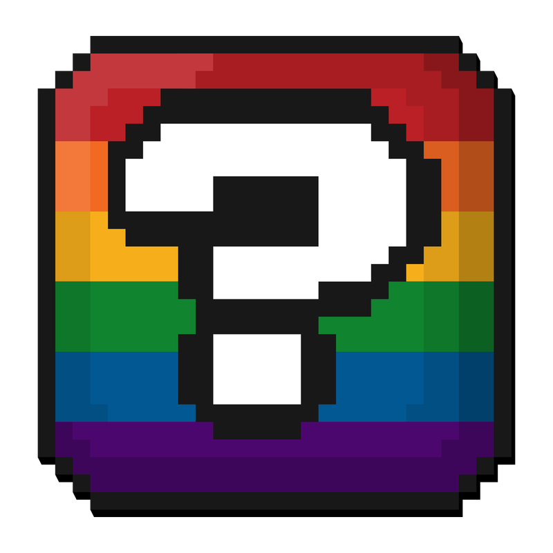 Large Pixel box made of pixels in the colors of the LGBT rainbow pride flag with a large white question mark.