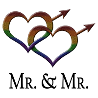 Two rainbow-colored, overlapping, heart-shaped, gay pride, male gender symbols. With Mr. And Mr. Cursive text.