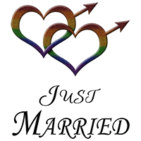 Two rainbow-colored, overlapping, heart-shaped, gay pride, male gender symbols. With Just Married Cursive text.