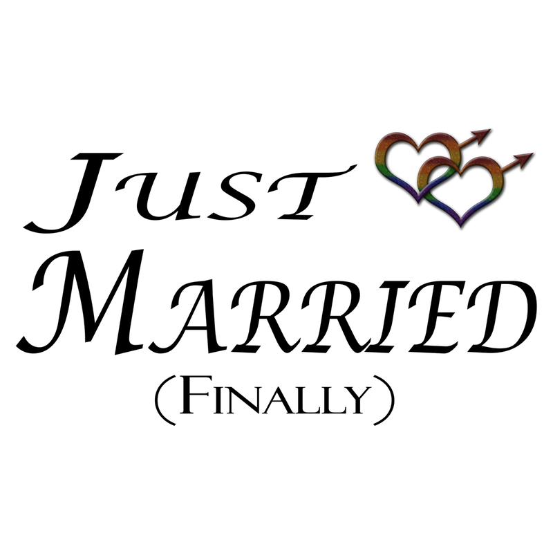Two rainbow-colored, overlapping, heart-shaped, gay pride, male gender symbols. With Just Married Finally cursive text.
