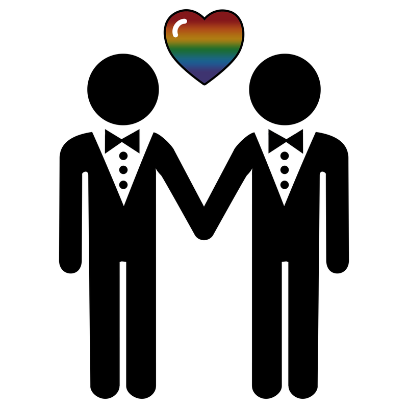 Silhouette of two, gay pride, grooms standing hand in hand with rainbow heart.