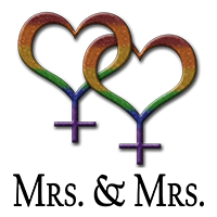 Two rainbow-colored, overlapping, heart-shaped, lesbian pride, female gender symbols. With Mrs. And Mrs. Cursive text.