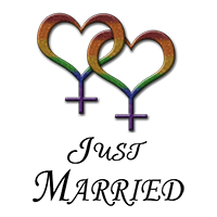 Two rainbow-colored, overlapping, heart-shaped, lesbian pride, female gender symbols. With Just Married Cursive text.