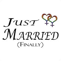 Two rainbow-colored, overlapping, heart-shaped, lesbian pride, female gender symbols. With Just Married Finally cursive text.