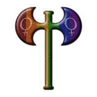 rainbow-colored lesbian pride labrys with white female gender symbol accents.