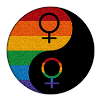 rainbow-colored, lesbian pride, Yin and Yang with matching female gender symbols.