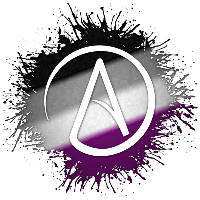 Atheist symbol silhouetted out of Asexual flag paint splatter.