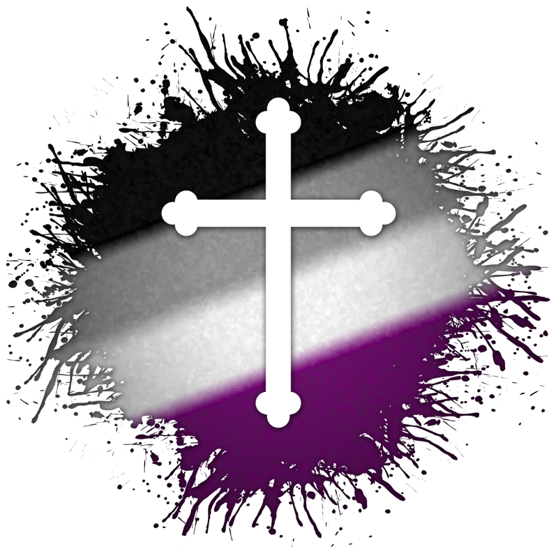 Cross symbol silhouetted out of Asexual flag paint splatter.