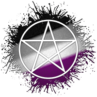 Pentacle symbol silhouetted out of Asexual flag paint splatter.