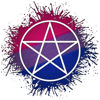 Pentacle symbol silhouetted out of Bisexual flag paint splatter.