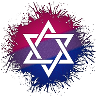 Star of David symbol silhouetted out of Bisexual flag paint splatter.