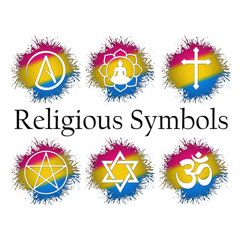An assortment of various Religious symbols in Pansexual Pride flag colors.