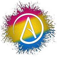 Atheist symbol silhouetted out of Pansexual flag paint splatter.