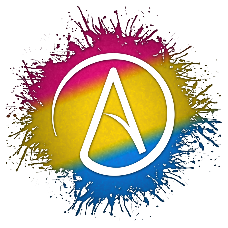 Atheist symbol silhouetted out of LGBTQ rainbow paint splatter.