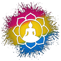 Lotus symbol silhouetted out of Pansexual flag paint splatter.