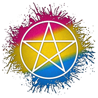 Pentacle symbol silhouetted out of Pansexual flag paint splatter.