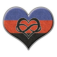 Large texture heart filled with the colors of the Polyamory pride flag  and pride symbol.