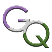 Large GQ symbol filled with the colors of the Genderqueer pride flag.