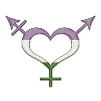 Large gender neutral symbol filled with the colors of the Genderqueer pride flag.