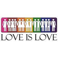 Love is Love text with silhouette LGBT people in front of rainbow-colored box.