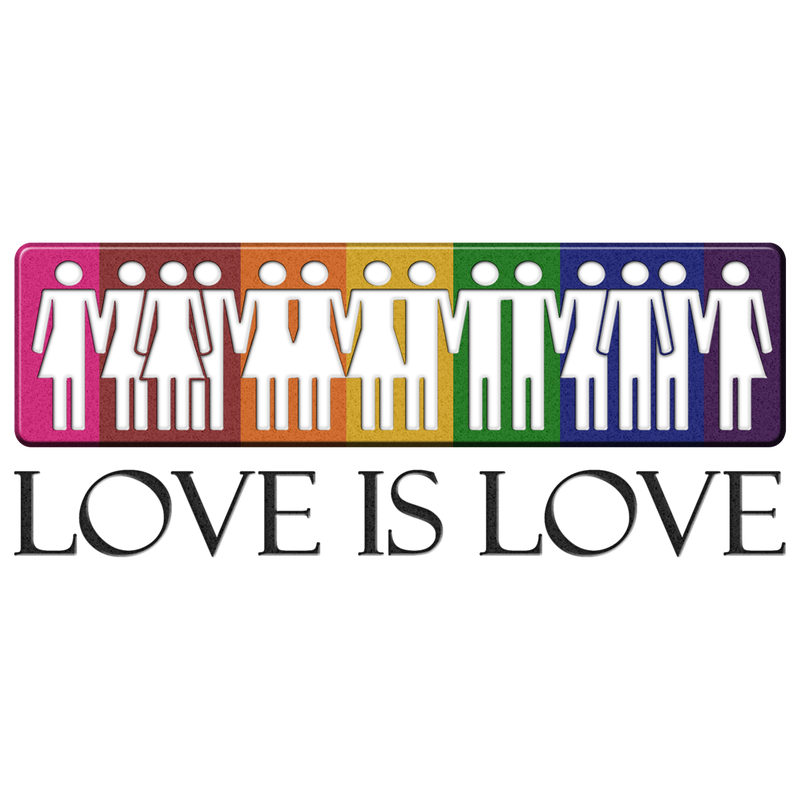 Love is Love text with silhouette LGBT people in front of rainbow-colored box.