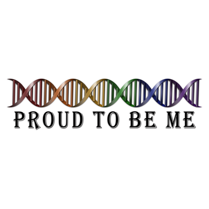 Proud to be Me text with a rainbow-colored strand of DNA.