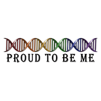 Proud to be Me text with a rainbow-colored strand of DNA.