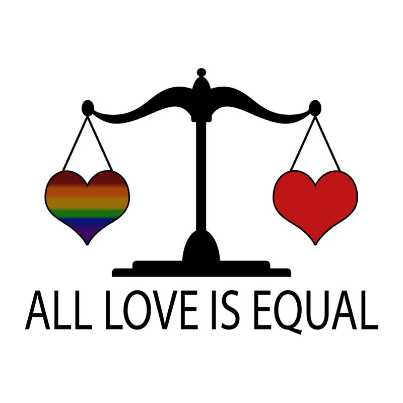 All Love is Equal text with one rainbow and one red heart sitting on the legal scale.