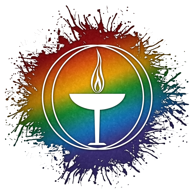 Unitarian Universalism symbol silhouetted out of LGBTQ rainbow paint splatter.