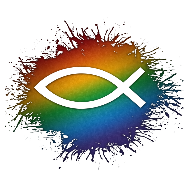 Fish symbol silhouetted out of LGBTQ rainbow paint splatter.