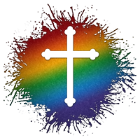 Cross symbol silhouetted out of LGBTQ rainbow paint splatter.