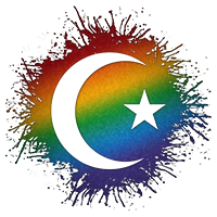 Star and Crescent symbol silhouetted out of LGBTQ rainbow paint splatter.
