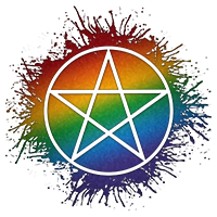 Pentacle symbol silhouetted out of LGBTQ rainbow paint splatter.