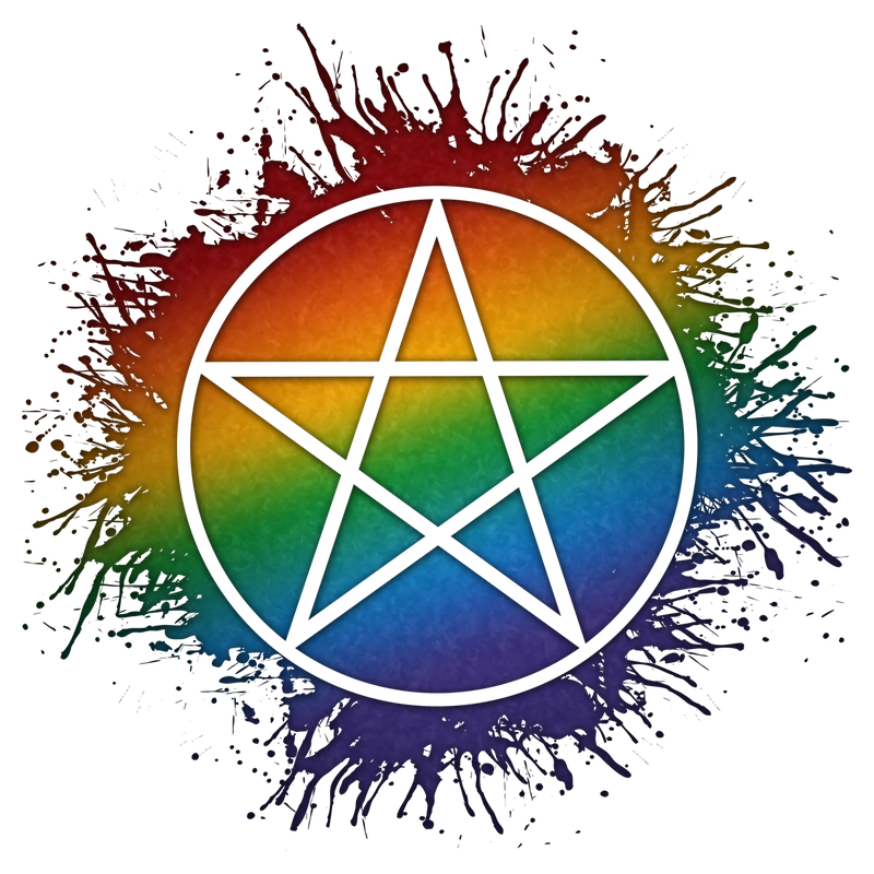 Pentacle symbol silhouetted out of LGBTQ rainbow paint splatter.
