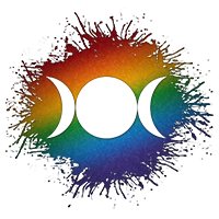 Triple Goddess Moon symbol silhouetted out of LGBTQ rainbow paint splatter.