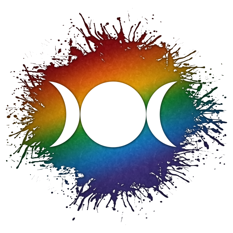 Triple Goddess Moon symbol silhouetted out of LGBTQ rainbow paint splatter.