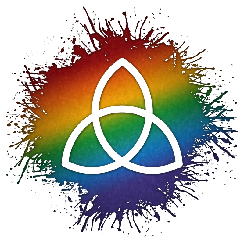 Triquetra symbol silhouetted out of LGBTQ rainbow paint splatter.