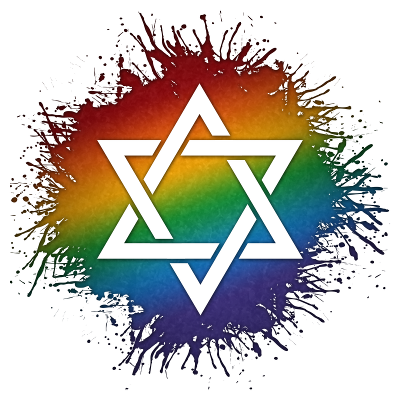 Star of David symbol silhouetted out of LGBTQ rainbow paint splatter.