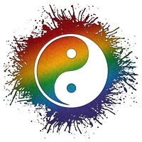 Yin and Yang symbol silhouetted out of LGBTQ rainbow paint splatter.
