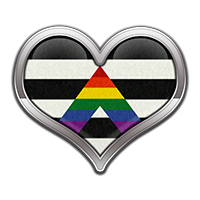 Large heart made of the colors of the LGBT Ally pride flag surrounded by a large chrome frame.